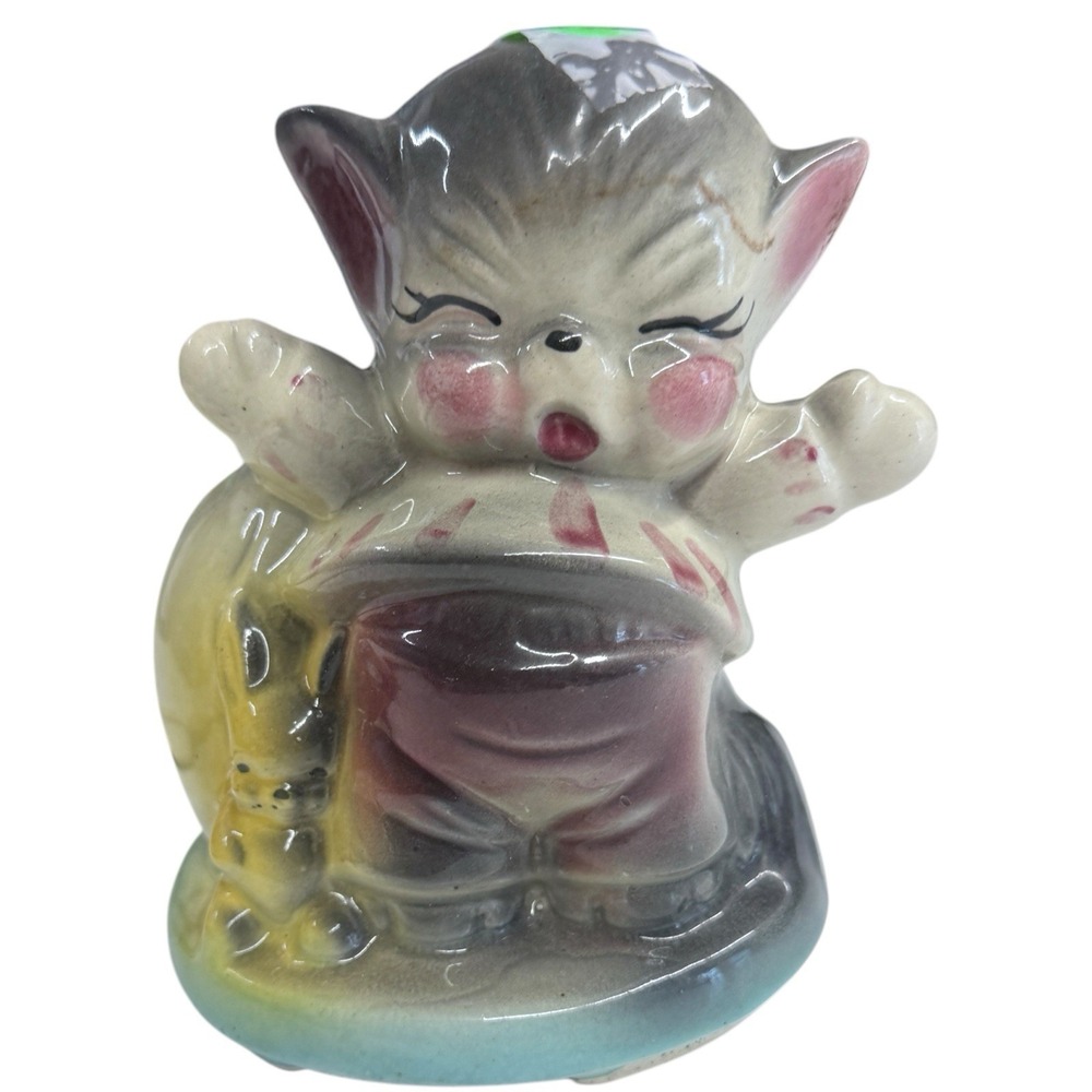 1950s American Bisque Crying‎ Kitten Cat Planter Art Pottery Glossy Glaze Bunny